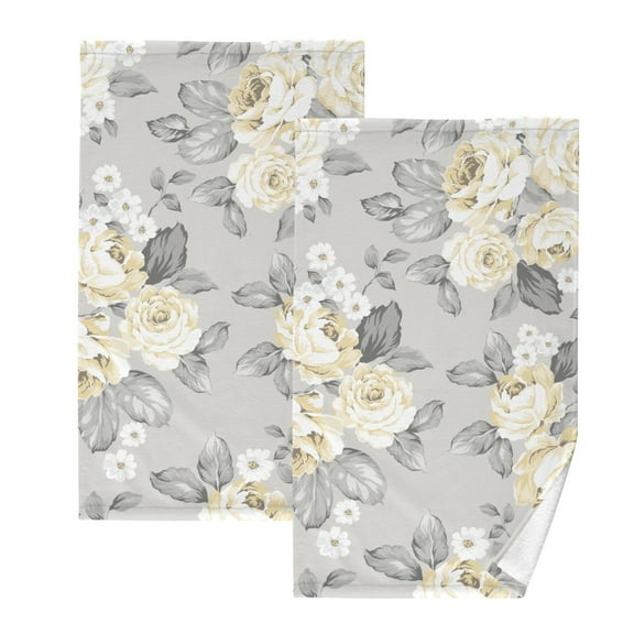 Yellow Flowers on Grey Bath Hand Towels 2 Pcs Absorbent Face Towel Soft Breathable Cotton Towel Set for Bathroom Kitchen Hotel Spa Decor
