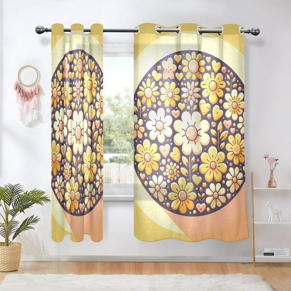 Yellow Flowers on Yellow Blackout Curtains 63 inch Length 2 Panels Window Decoration Curtains for Bedroom Living Room
