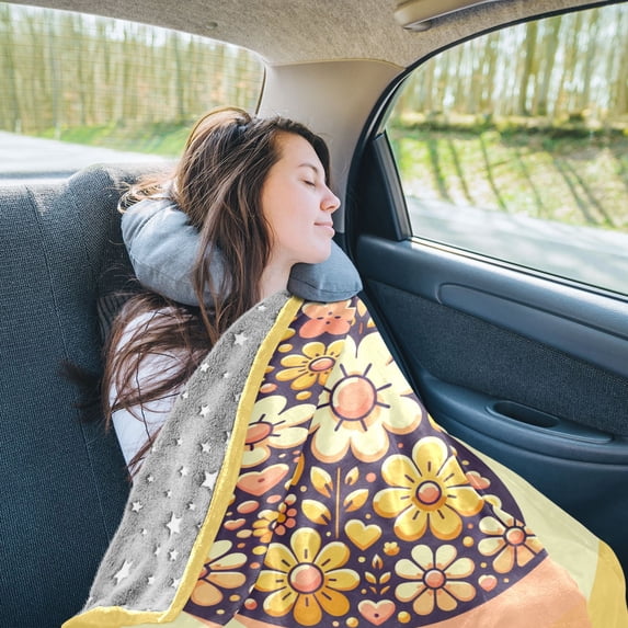 Yellow Flowers on Yellow Travel Blanket Pillow Compact Foldable Airplane Throw Blanket with Trolley Sleeve for Travel Camping