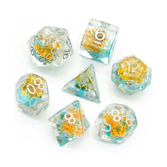 Yellow Flowers with Blue Skull RPG Dice Set
