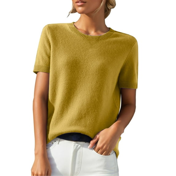 Yellow Flowy Tops for Women, Short Sleeve Ladies Tops And Blouses, Polyester Vacation Outfits for Women, Women's Round Neck d Loose T Shirt With A Knit Bottom Top