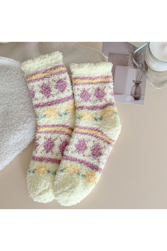 Yellow Fluffy Socks for Women, 2-Pack Ultra Soft Fuzzy Socks with Ruffled Cuff, Non-Slip Cozy Patterned Lounge and Sleep Socks,Size