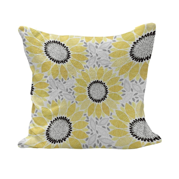 Yellow Fluffy Throw Pillow Cushion Cover, Colorful Illustration of Sun Flower with Motifs and Patterns Summer Nature Artprint, Decorative Square Pillow Case, 16" x 16", Yellow Grey, by Ambesonne