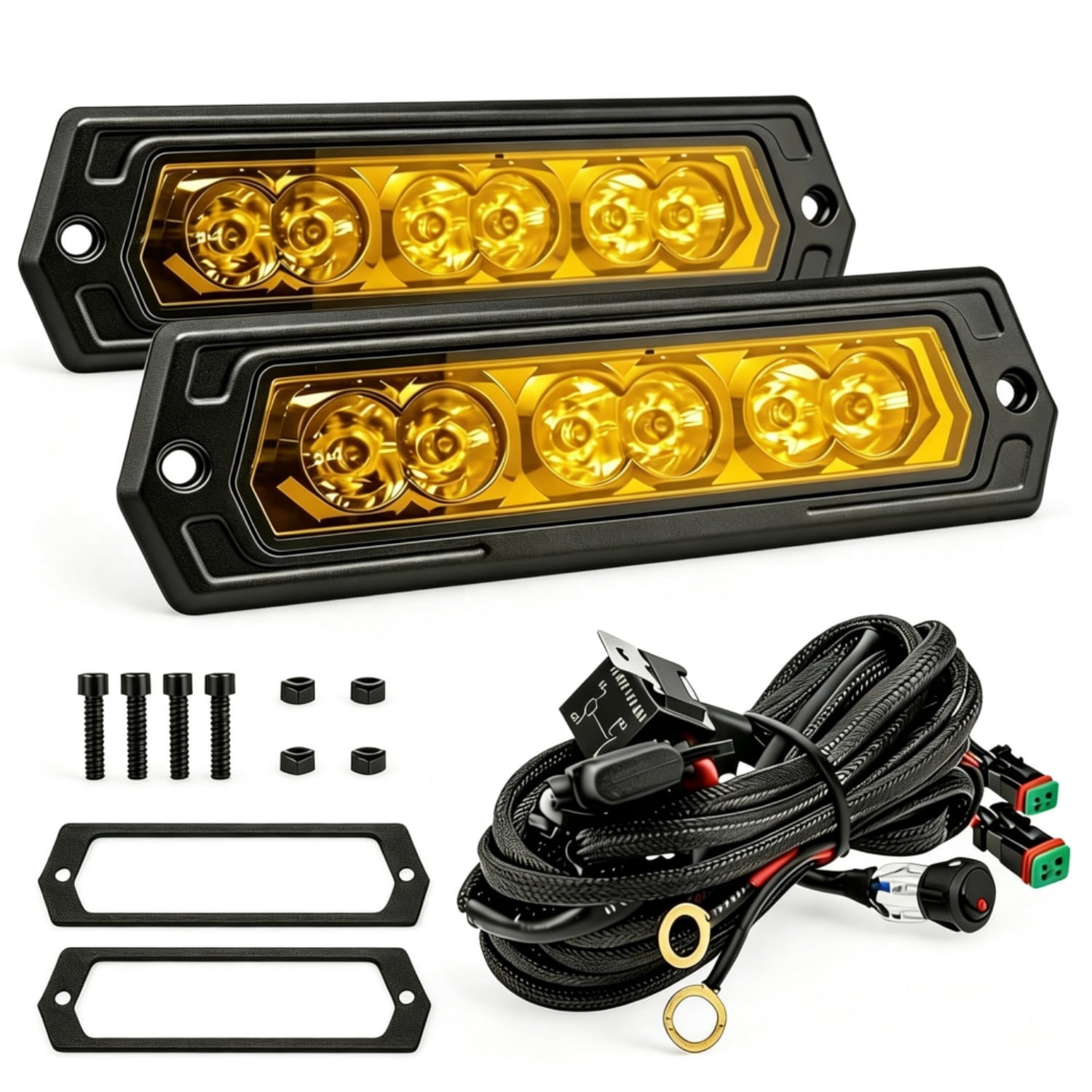 2PCS 7 Inch 60W Yellow Flush Mount LED Pods 60W LED Light Bar with Wiring Harness Spot Beam