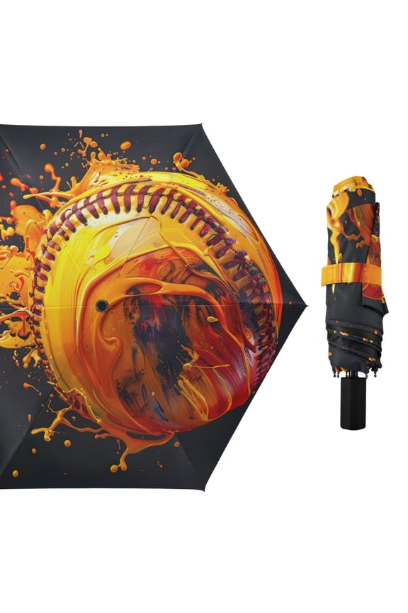 Yellow Flying Baseball All Weather Umbrella Triple Folding Parasol 6 Ribs UV Protection Portable