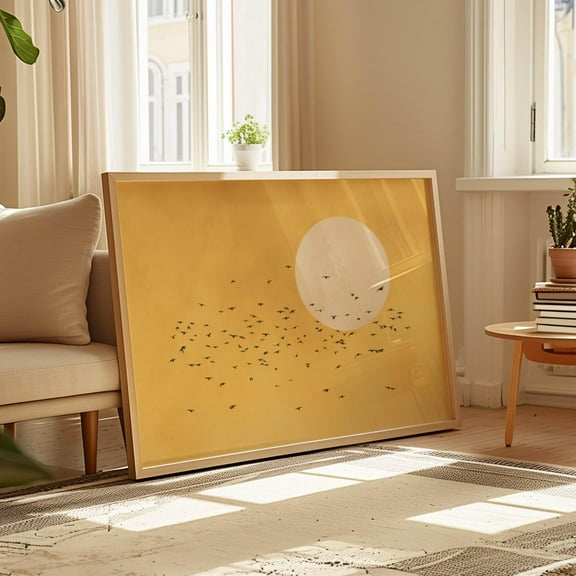 Yellow Flying Birds Wall Art Print, Japandi Sun Art, Abstract Landscape, Large Living Room Decor, Japanese Bedroom, Vibrant Above Bed Decor Wall Art, Modern Wall Decor, 8x12 UNFRAMED