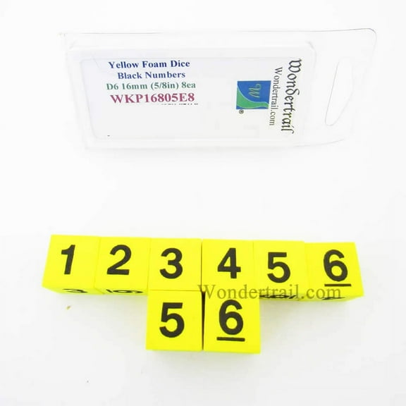 Yellow Foam Dice with Black Numbers D6 16mm (5/8in) Pack of 8 Wondertrail