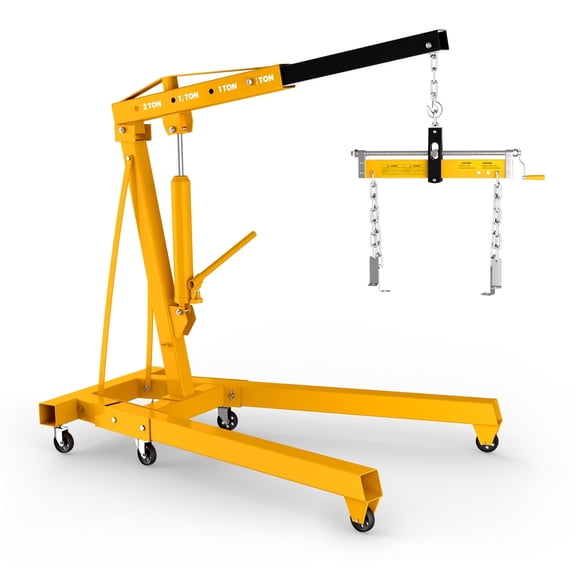 Yellow Foldable Hydraulic Hoist, Hydraulic Engine Lifter, 2 in 1 Hydraulic Engine Hoist & Leveler, 2 Ton Capacity, Rustproof Finish, Weight Adjustable, for Garage, Car Repair, Equipment Maintenance