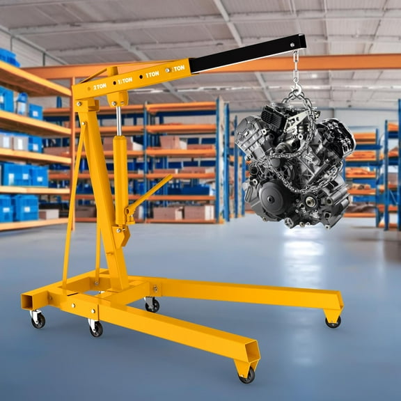 Yellow Folding Engine Hoist, 2 Ton (4400LBS) Hydraulic Lifting Device with Leveler, Folding Boom & Swivel Wheels for Auto Body, Workshop, Cargo Stacking