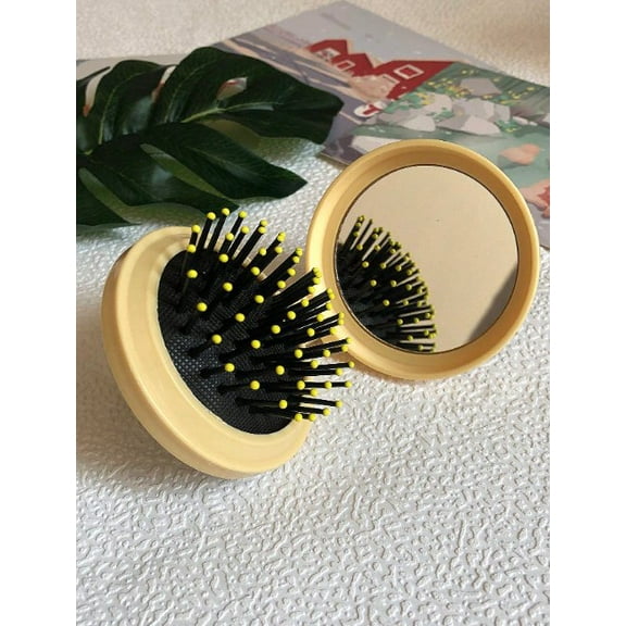 Yellow Folding Travel Hair Brush with Mirror Mini Hair Comb Gifts for Women