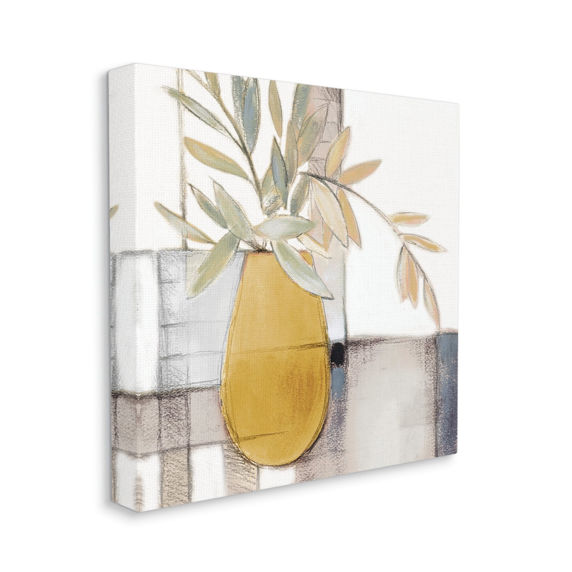 Yellow Foliage Vase over Abstract Grid Pattern Botanical & Floral Gallery-Wrapped Canvas Print Wall Art, 17x17