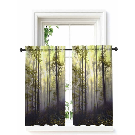 Yellow Forest Curtains 54 Inch Length, Sheer Curtains for Bedroom Living Room Window Vintage Foggy Woods Tree Rod Pocket Voile Drapes Kitchen Curtains Small Half Window 42"x54" 2 Panels