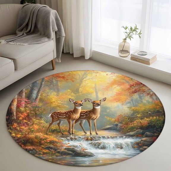 Yellow Forest Deer 3FT Round Area Rugs for Living Room Animals River Ultra-Thin Non-Slip Round Rugs Machine Washable Low Pile Circle Carpet for Bedroom Kitchen Nursery