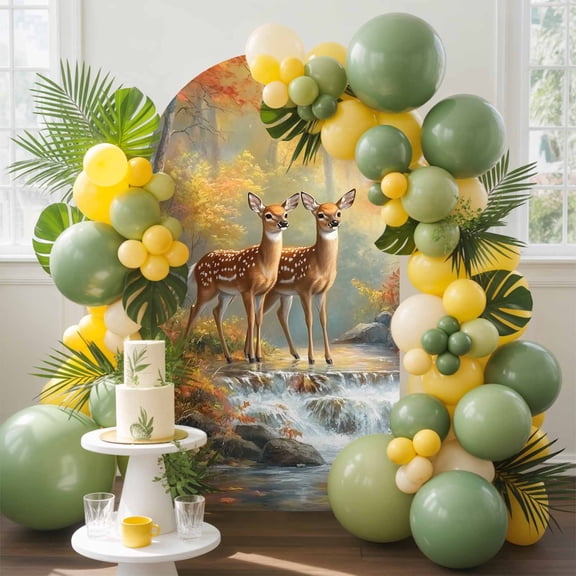 Yellow Forest Deer Arch Backdrop Cover, 7.2FT, Animals River Spandex Arch Covers Double-Sided Backdrop for Wedding Birthday Party Photo Background Decoration