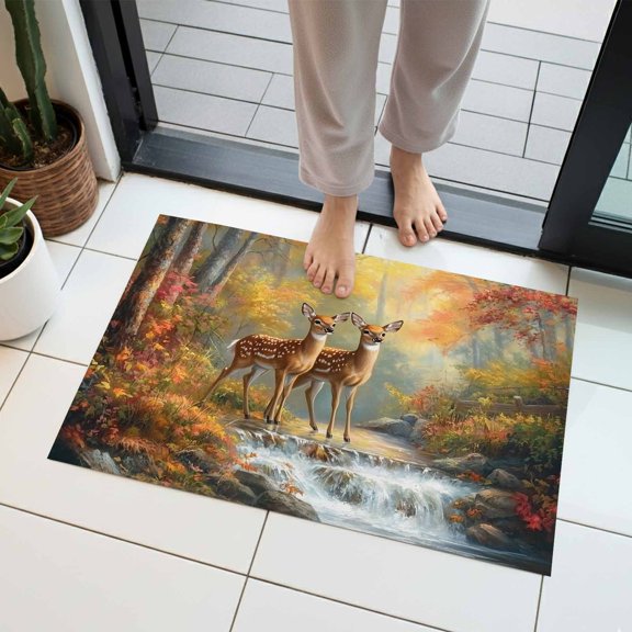 Yellow Forest Deer Indoor Door Mat 18x30 Inch Animals River Front Door Mat Non Slip Washable Entryway Rug Low Profile Dirt Trapper Doormat for Bathroom Kitchen Bedroom