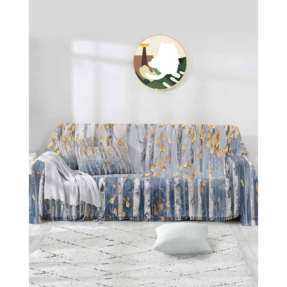 Yellow Forest Leaf Sofa Covers for 3 Cushion,Washable Couch Cover for Sectional Sofa Slipcovers with Tassel,Contemporary Impressionist Blue Tree Loveseat Covers Futon Cover Throw Blanket 71''x118''