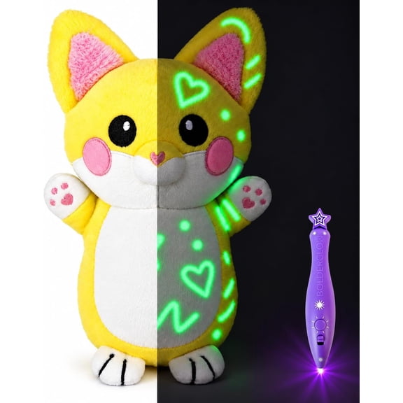 Yellow Fox Glow-in-The-Dark Plush with Light Pen, Soft & Cuddly Fox Plush Toys, Doodle Fox Stuffed Animal, Draw with Light and Create Magical Glow Artwork