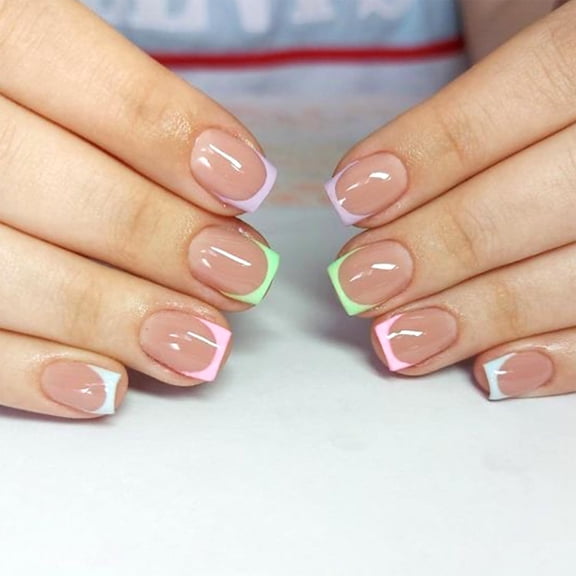 Yellow French Tip Press on Nails Short Square Fake Nails Glossy Acrylic Glue on Nails Reusable Full Cover Stick on Nails for Women Multicolor Colorful French Tip