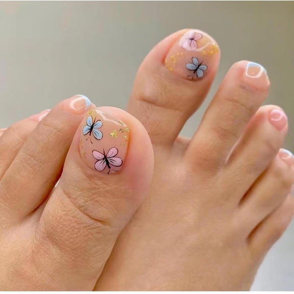 Yellow French Tip Press on Toenails Flower Fake Toes Short Square False Toenails with Design Nude Glue on Toenails Glossy Acrylic Full Cover Stick on Toenails for Women Girls Foot Manicure 24 pcs