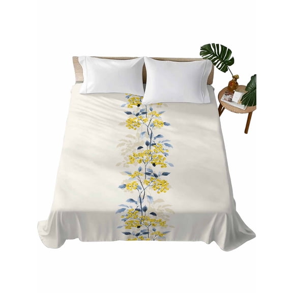 Yellow Fruit Flat Sheets Only Queen Size, Soft Breathable Bed Top Sheets for Mattress, Vintage Country Leaves Berries Blue Plants Luxury Bedding Flat Sheets for Home Hotel Bedroom Bed Protection