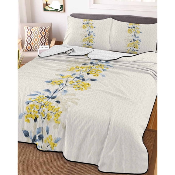 Yellow Fruit King Size Down Alternative Comforter, Lightweight Comforter Quilt Bedding Set with Pillow Shams Vintage Country Leaves Berries Blue Plants All Seasons Bed Comforter Duvet Insert 96"x106"