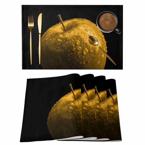 Yellow Fruit Placemats Set of 8, Modern Minimalist Decor Black Background Placemats for Dining Table, Place Mats for Kitchen Tabletop, Waterproof Wipeable Dining Table Mats Set