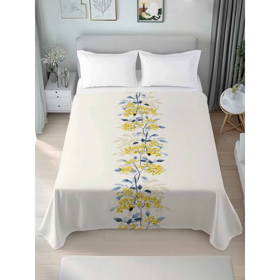 Yellow Fruit Queen Size Flat Sheet, Wrinkleproof & Fadeproof Cooling Flat Bed Sheet Only, Vintage Country Leaves Berries Blue Plants Breathable Soft Bedding Top Sheets 90 x 102 Inches