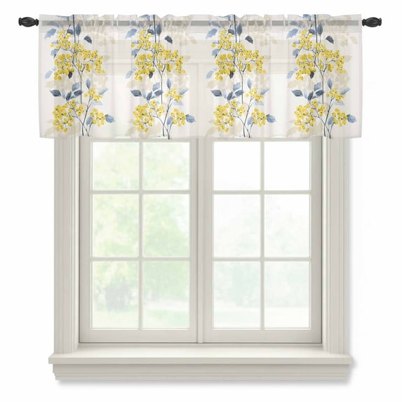 Yellow Fruit Valance Curtains for Kitchen/Living Room/Bathroom/Bedroom Window, Rod Pocket Small Topper Half Short Window Curtains Voile Sheer Scarf, Vintage Country Leaves Berries Blue Plants 54"x18"