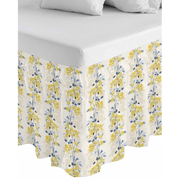 Yellow Fruit Wrap Around Bed Skirts for California King Bed 16" Drop,Bed Skirt with Adjustable Elastic Belt Dust Ruffle Bed Valance Vintage Country Leaves Berries Blue Plants Bed Frame Cover