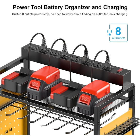 Yellow Garage Power Tools Organizer Cart with Charging Station, Rolling Tool Storage Cart on Wheels for Drills and Batteries
