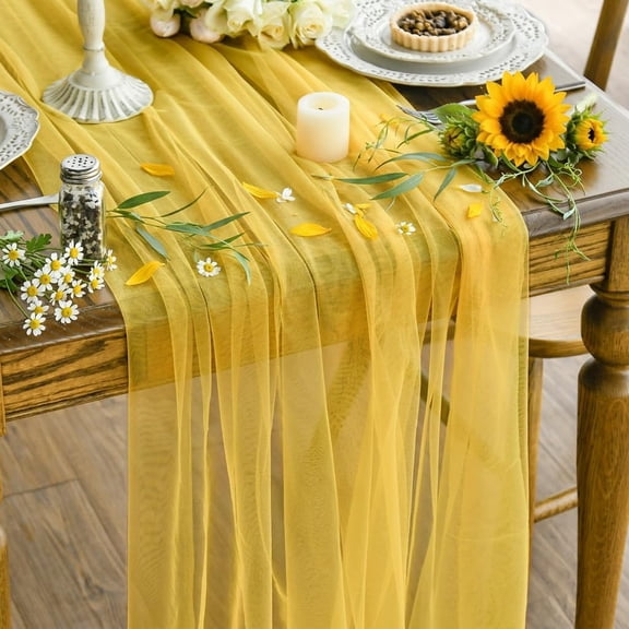 Yellow Gauze Table Runner, 59 x 120 Inch Sheer Polyester Table Decor for Kitchen Dining Table, Wedding, Birthday, Baby Shower and Holiday Party