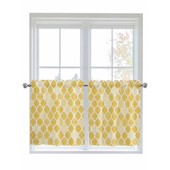 Yellow Geometric 2 Panel Kitchen Curtains for Small Windows, Morocco Modern Abstract Plaid Art Bathroom Tier Curtain, Short Window Treatment for Bedroom/Living Room 55"x24"