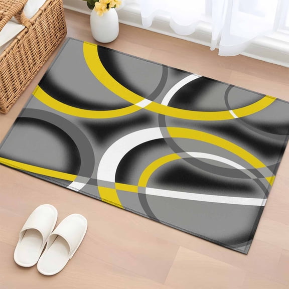 Yellow Geometric 2'x3' Rug, Gray Black Retro Abstract Stripes Lines Non-Slip Soft Doormat Area Rugs for Entrance Bathroom Bedsides, Front Doormat Carpet for Kitchen Bedroom, Entryway Floor Mat