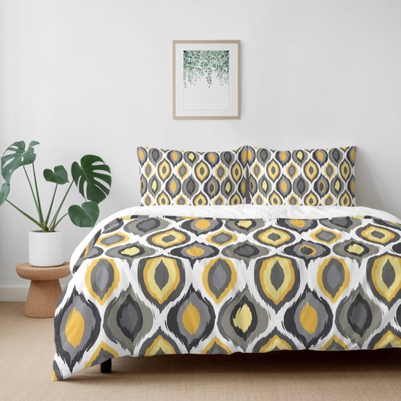 Yellow Geometric Abstract Diamon California King Size Bed Set,Vintage Nordic Style Bedding for All Seasons,4 Pcs Bed Set with 1 Quiltcover (96"x104"),1 Sheet (110"x98"),2 Pillowcases (20"x36")
