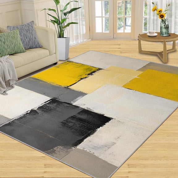 Yellow Geometric Area Rug, Retro Abstract Washable Rug, Non Slip Low Pile Carpet for Living Room Bedroom Home Decor 2x3ft