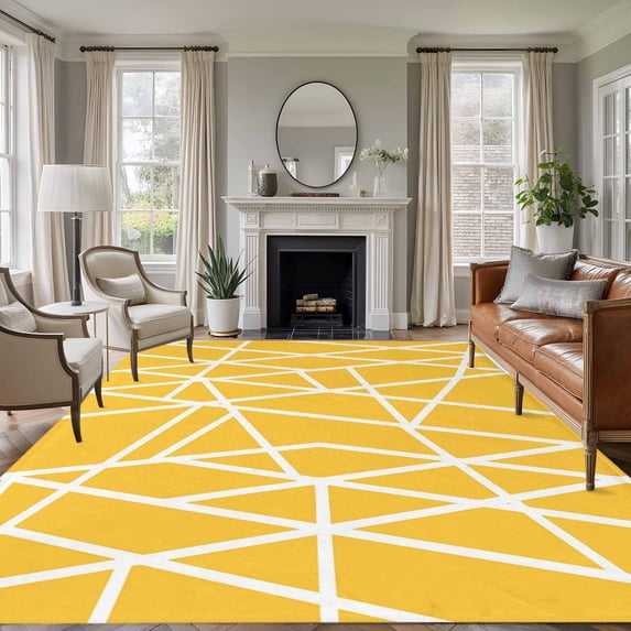 Yellow Geometric Area Rugs 5'x8', Washable Small Throw Rugs for Classroom Bedroom, Abstract Stripes Modern Minimalist Indoor Outdoor Rug Non-Slip Low Pile Carpet Runner Reversible Floor Mats