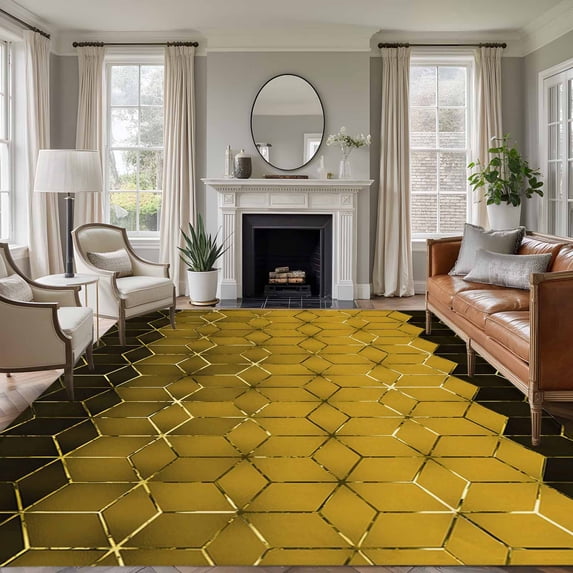 Yellow Geometric Area Rugs 5'x8', Washable Small Throw Rugs for Classroom Bedroom, Modern Abstract Art Ombre Indoor Outdoor Rug Non-Slip Low Pile Carpet Runner Reversible Floor Mats