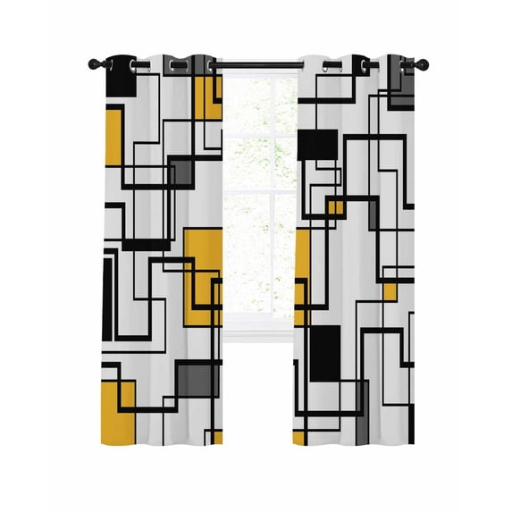 Yellow Geometric Blackout Curtains, Light Blocking Print Window Curtains, Modern Minimalist Black Abstract Art Thermal Insulated Window Drapes for Living Room Kitchen Cafe 2 Panels, 104"W x 63"L