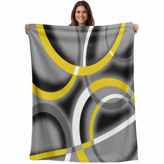 Yellow Geometric Blanket Soft Cozy Warm Throw Blanket for Couch, Plush Fuzzy Flannel Fleece Blankets for Sofa, Gray Black Retro Abstract Stripes Lines Bed Blankets Lightweight Gifts for Men, 40"x50"