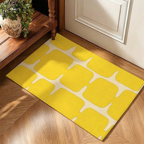Yellow Geometric Block Pattern Accent Rug, 47 x 31 in Non-Slip Small Floor Rug for Kitchen & Hallway