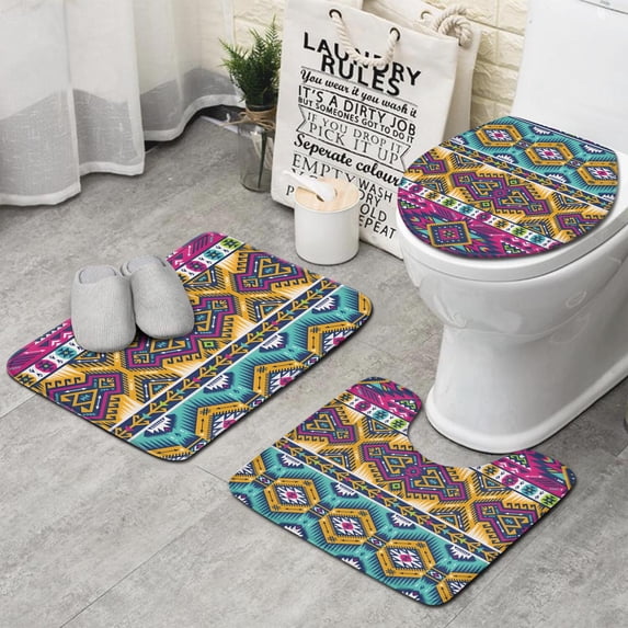 Yellow Geometric Boho Pattern Bathroom Rugs Sets 3 Piece,Toilet Cover Set,Absorbent Non Slip Bathroom Mats Sets with U-Shaped Contour Rug Toilet Rug Set