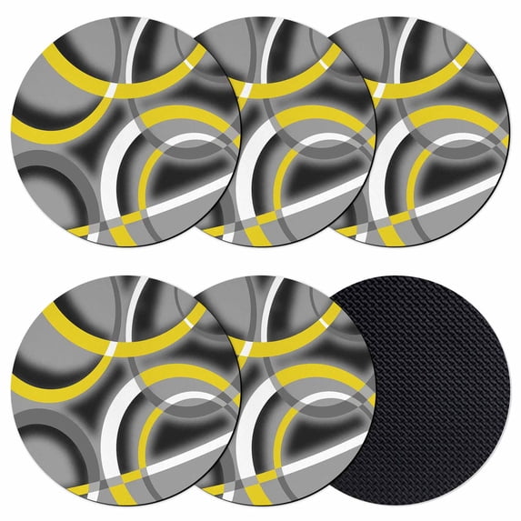 Yellow Geometric Coasters Set of 6, Absorbent Coasters for Drinks, Gray Black Retro Abstract Stripes Lines Coaster for Desk Coffee Table Protection, Home Decor House Warming Gifts 4"