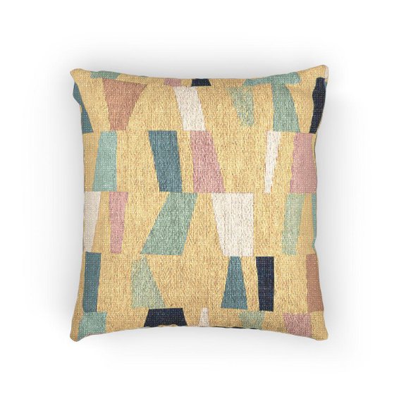 Yellow Geometric Color Block Woven Pillow, Cotton-Polyester Shell, Mid-Century Style for Living Room Decor