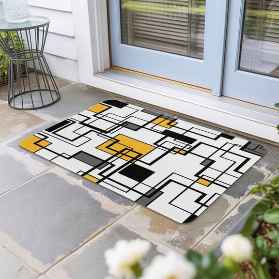 Yellow Geometric Door Mat Indoor Outdoor, Modern Minimalist Black Abstract Art Non Slip Welcome Mat with Rubber Backing, Absorbent Fabric Front Door Mats Entryway Rug for Home Patio Entrance 24"x36"