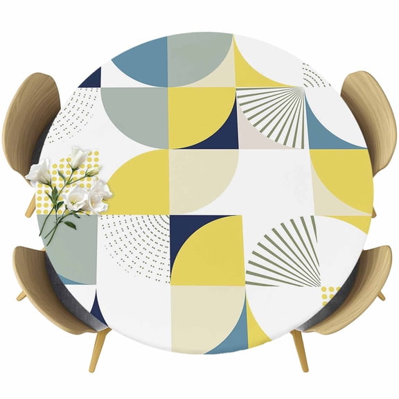 Yellow Geometric Fitted Tablecloth with Elastic Edged, Round Table Cloth for Dining Table, Middle Century Modern Abstract Art Waterproof Oil Proof Table Cover for Indoor Outdoor 36"-44"