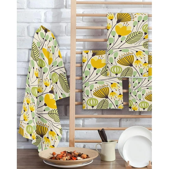 Yellow Geometric Floral Texture Kitchen Microfiber Waffle Towel Household Wipes Rags Dish Cloth Cleaning Tools Insulation Pad
