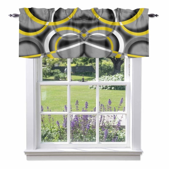 Yellow Geometric Kitchen Curtain Valances for Windows Farmhouse Short Curtains, Gray Black Retro Abstract Stripes Lines Rod Pocket Valance Curtain for Bedroom Cafe Living Room