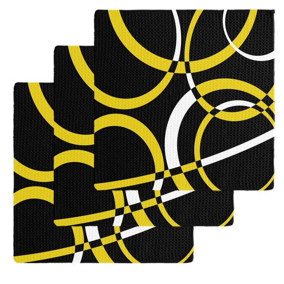 Yellow Geometric Kitchen Dish Towels for Drying Dishes Set of 3, Modern Abstract Simple Lines Black Waffle Weave Microfiber Hand Tea Bathroom Towels Quick Dry & Absorbent Towel 12x12