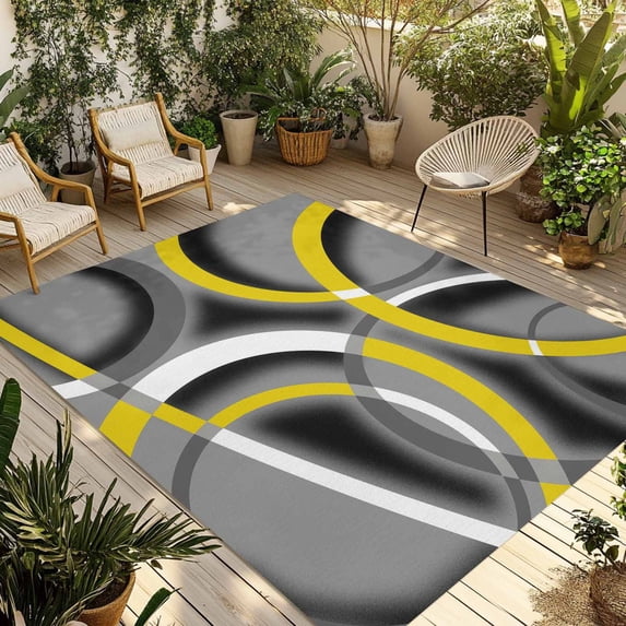 Yellow Geometric Outdoor Rug 6x9 Ft - Reversible Patio Rug Outdoor Camping Rugs, Gray Black Retro Abstract Stripes Lines Indoor Outdoor Area Rugs, Non-Slip Outdoor Carpet Runner for Deck/Porch