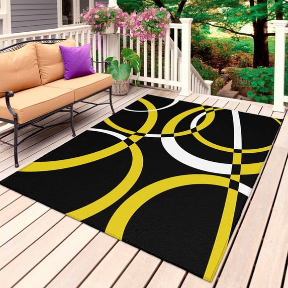 Yellow Geometric Outdoor Rug for Patio/Deck/Porch, Non-Slip Large Area Rug 3 x 5 Ft, Modern Abstract Simple Lines Black Indoor Outdoor Rugs Washable Area Rugs, Reversible Camping Rug Carpet Runner